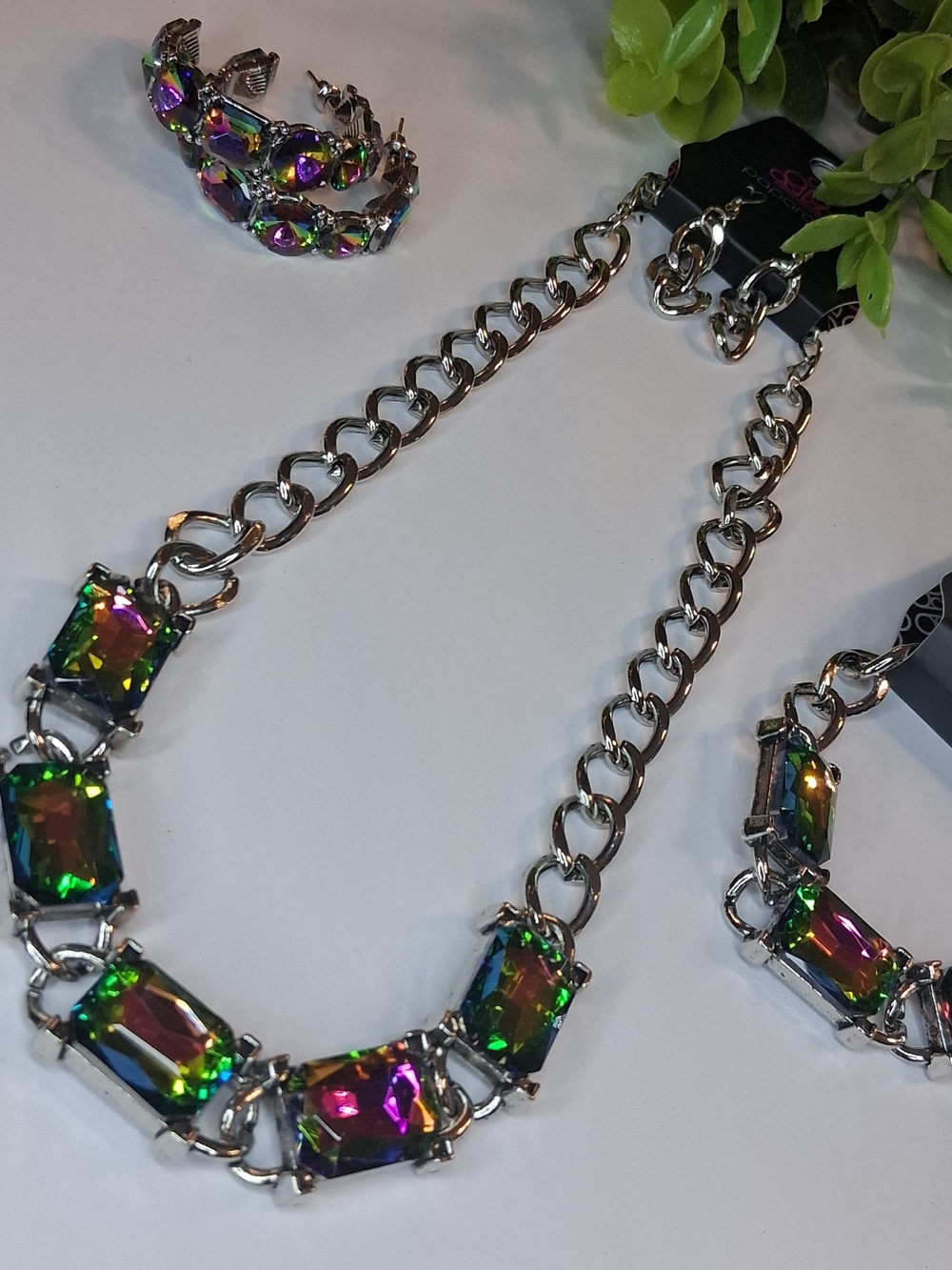 Multicolor Oil Spill Statememt Necklace Bracelet And Hoop Earrings Set